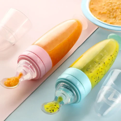 Silicone Baby Squeeze Feeding Bottle with Spoon – Soft, Safe Milk & Food Feeder