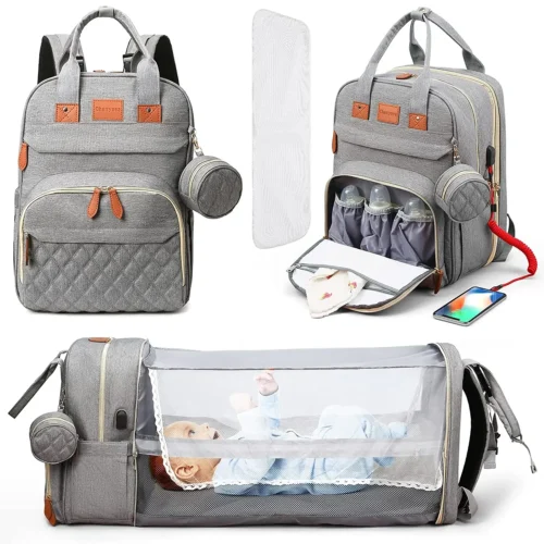 3-in-1 Diaper Bag Backpack with Foldable Baby Bed & USB Charging – Waterproof Travel Organizer